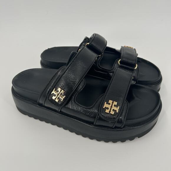 Tory Burch Sandals Kira Sport Black Backless Leather Womens Size 7 Platform Gold - Picture 1 of 16
